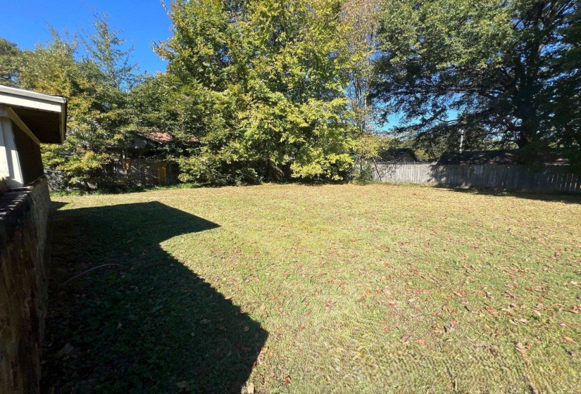 Expansive grassy yard area featuring mature trees providing natural screening