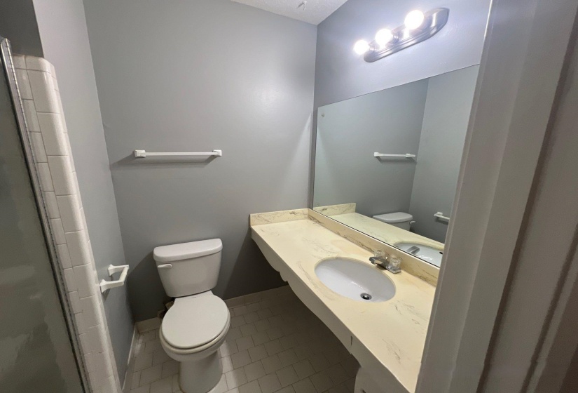Bathroom featuring a shower enclosure with white tiled surround, a white toilet, and a vanity with a built-in sink and light-colored countertop