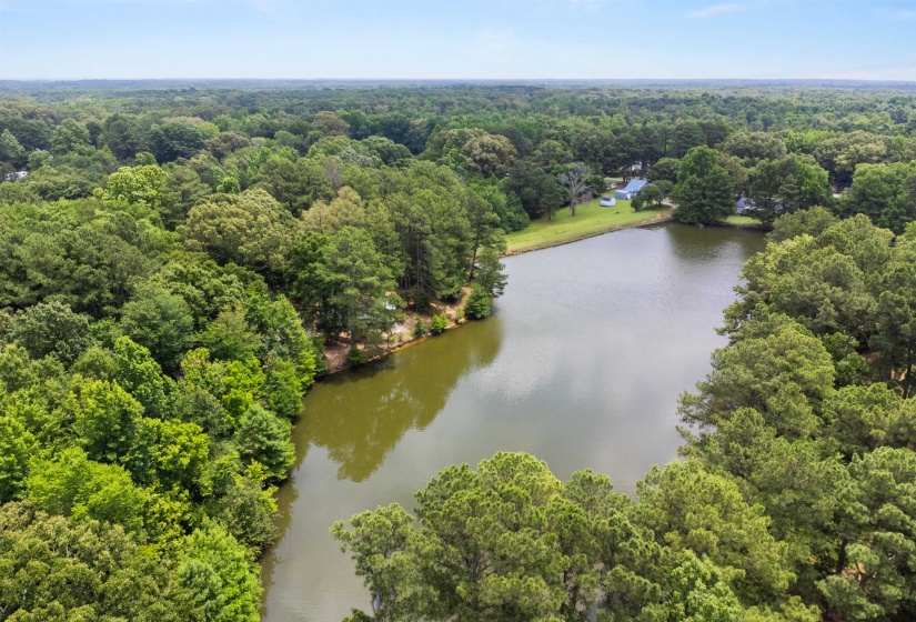 Expansive tree-lined property featuring a large pond with surrounding natural landscaping