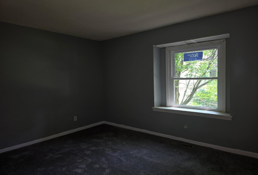 Carpeted interior room featuring a single window with white trim, dark grey wall paint, and white baseboards