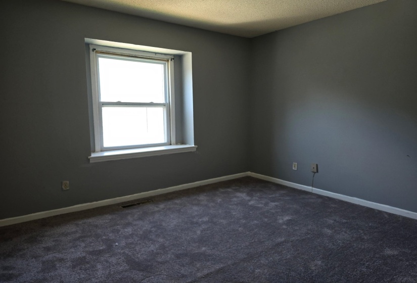 Room featuring a double-hung window with white trim, gray wall paint, and gray carpeting