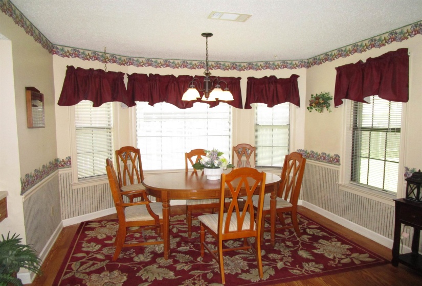 Bay window with multiple windows, wood-finish flooring, wainscoting, and a ceiling-mounted light fixture