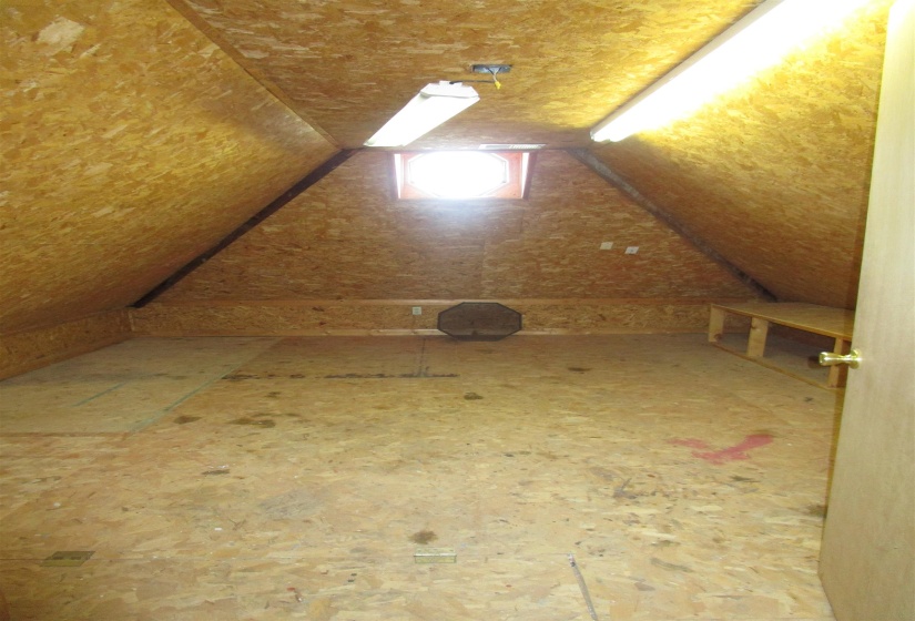 Attic space featuring wood-finish wall and ceiling panels, wood-finish flooring, built-in shelving, two fluorescent light fixtures, and a circular window
