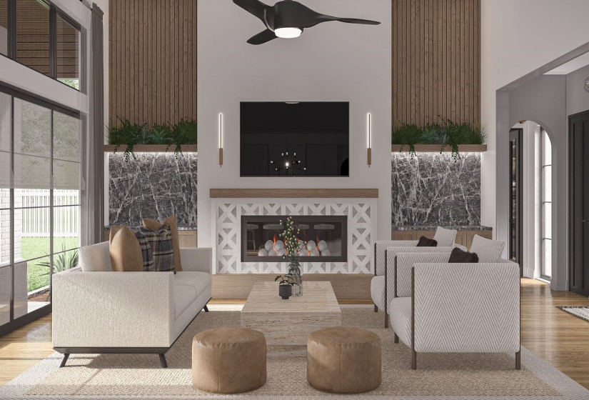 Spacious living area featuring a modern fireplace with patterned tile surround and a wood mantel
