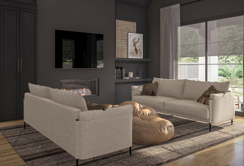 Living area featuring a built-in linear fireplace, wall-mounted display, and dark cabinetry