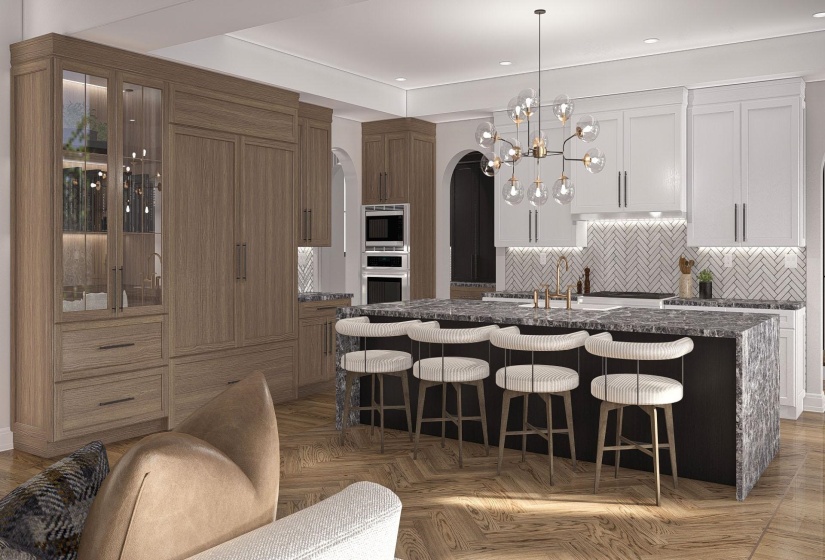 Spacious kitchen featuring a large island with seating, integrated paneled refrigerator, built-in double oven, herringbone tile backsplash, and wood-finish flooring