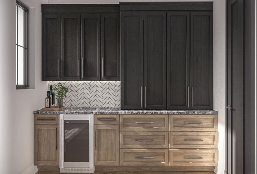 Integrated wet bar featuring dark upper cabinetry, natural wood-finish lower cabinetry, and a patterned tile backsplash