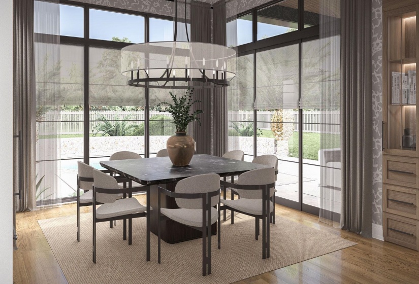 Spacious interior featuring wood-finish flooring, a contemporary chandelier, and large-format windows with roller shades