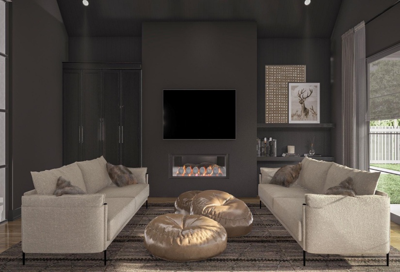 Contemporary living space featuring a built-in linear fireplace, integrated television mount, and expansive dark wall paneling