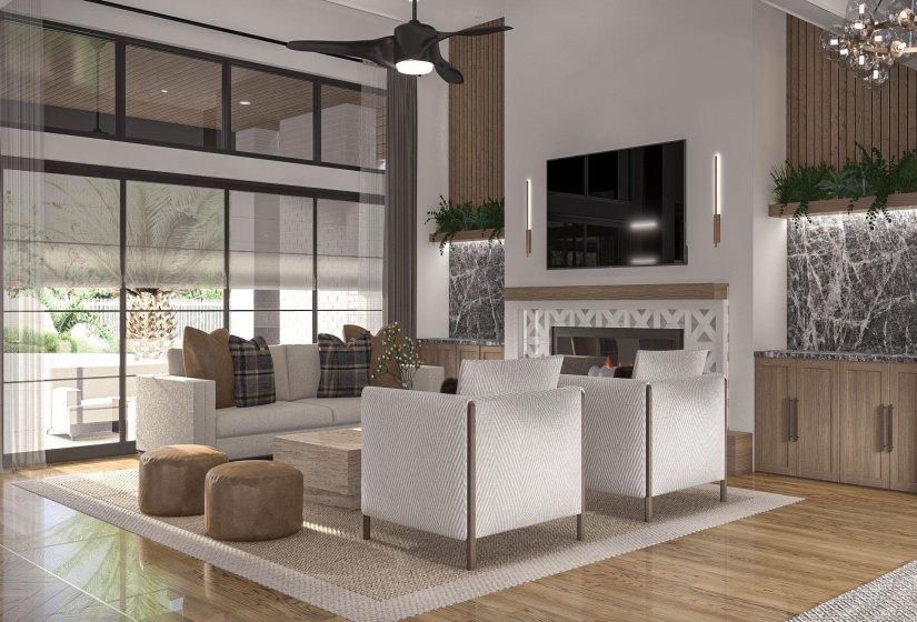 Spacious living area featuring large-format tile flooring, a contemporary fireplace with decorative surround, and a ceiling fan