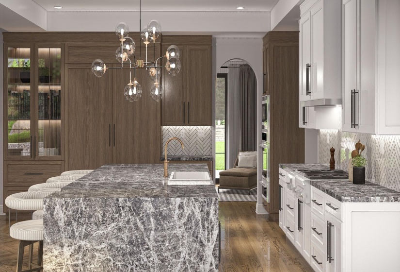 Spacious kitchen featuring a large island with stone countertop, white upper and lower cabinetry, built-in appliances, a modern chandelier, and wood-finish flooring