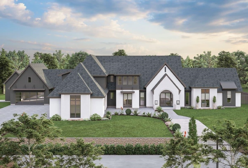 Contemporary exterior featuring white stucco and dark gray siding