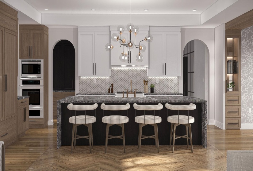 Central kitchen island featuring a dark countertop and base, complemented by light wood-finish flooring in a herringbone pattern
