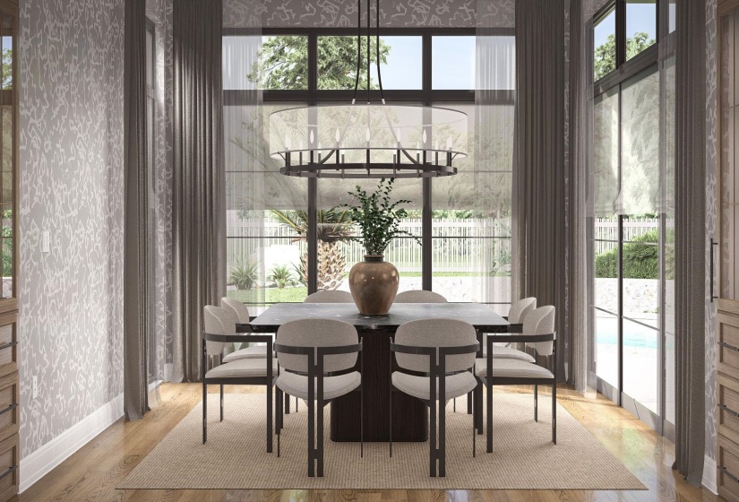 Dining area with tall windows, a large central chandelier, and wood-finish flooring