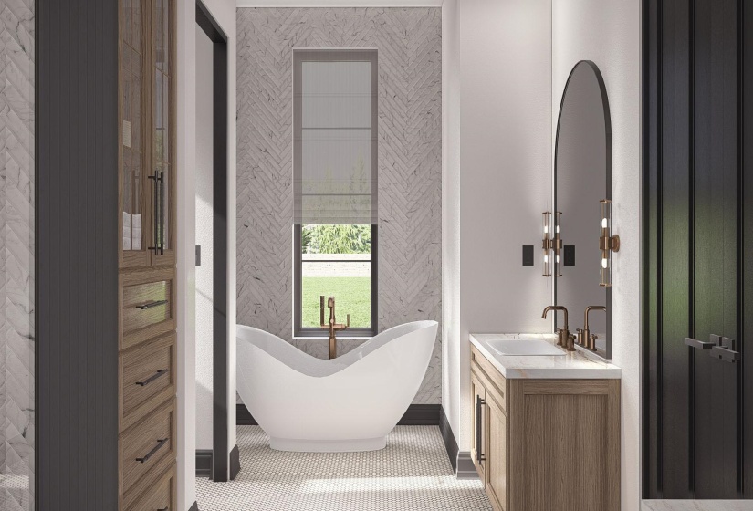 Freestanding soaking tub with floor-mounted faucet, set against a herringbone tile accent wall