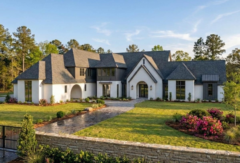 Distinguished white brick residence featuring a dark shingle roof, arched entryways, and varied exterior textures
