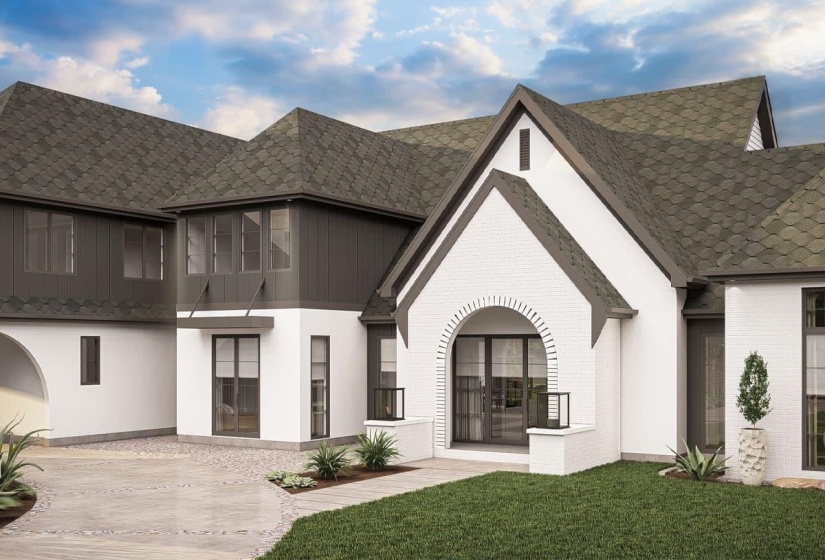 Front exterior featuring white brick and dark board and batten siding