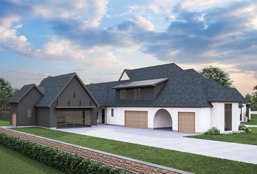 Modern exterior featuring a dark gray board and batten facade and white stucco