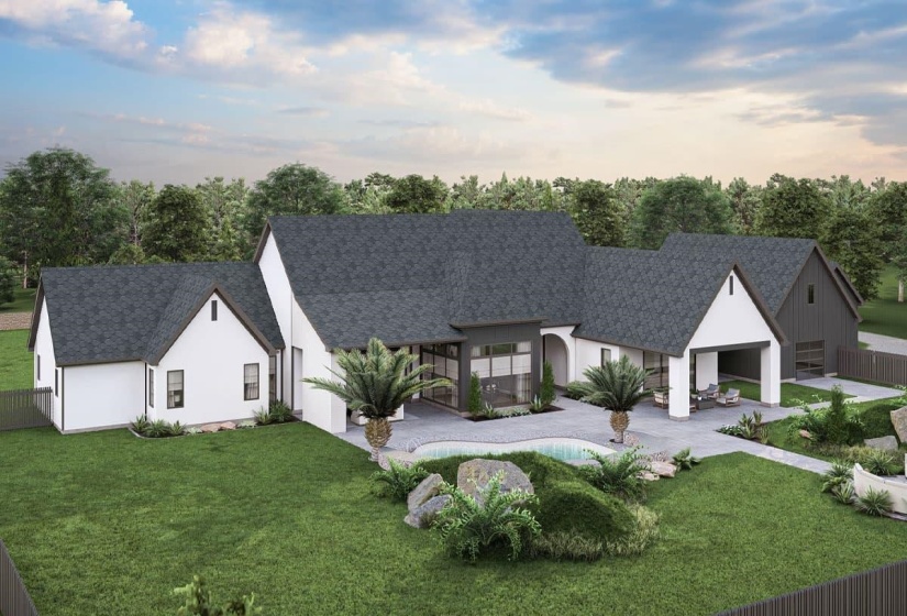 Contemporary residence featuring white and dark gray siding, a dark shingle roof, a paver patio with a pool, an attached open-air carport, and a separate garage