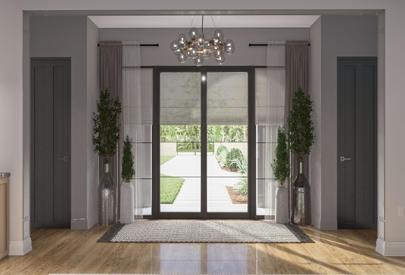 Expansive rear double doors with full glass panels and transom window