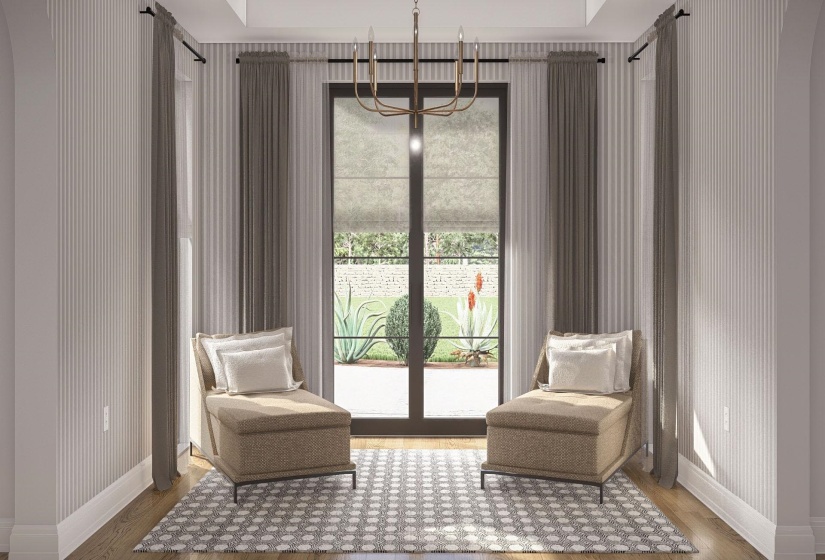 Full-light French doors with transom window, flanked by textured wall panels and full-height drapery
