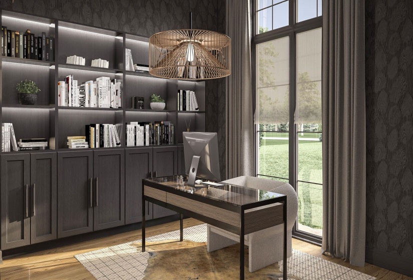 Built-in shelving with integrated lighting provides ample storage