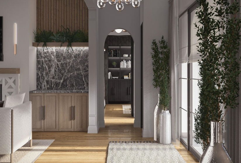 Hardwood flooring throughout with a built-in cabinet featuring a stone backsplash and integrated lighting