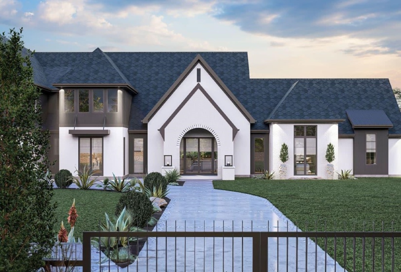 Contemporary-style residence featuring a dark shingle roof and white brick façade with dark trim accents