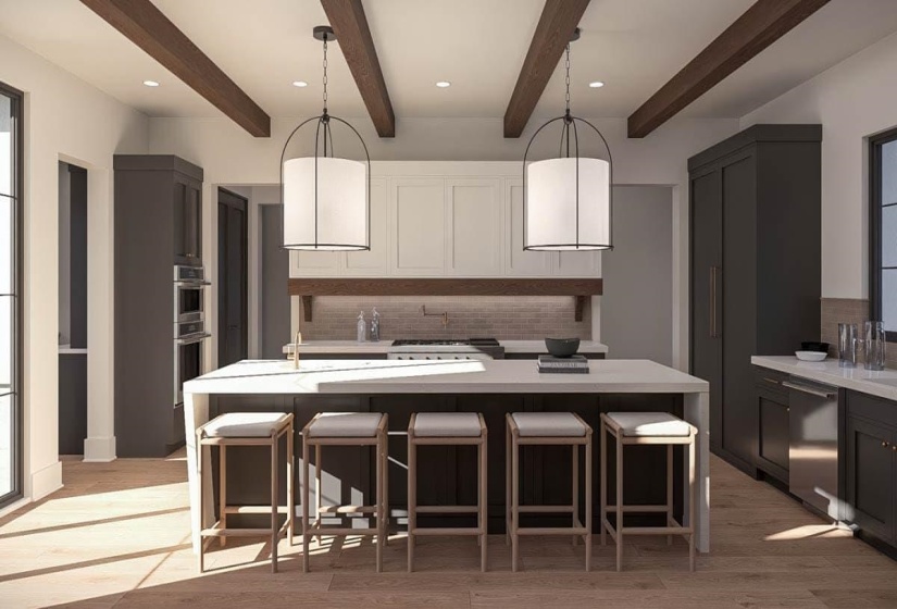 Gourmet kitchen featuring a substantial central island with seating, stainless steel appliances, wood-finish flooring, exposed ceiling beams, and contemporary pendant lighting