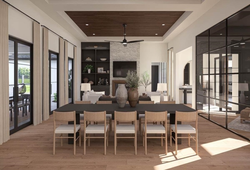 Open-concept dining area featuring wood-finish flooring, a wood-paneled ceiling, and a contemporary ceiling fan
