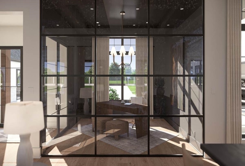 Glass-paneled interior walls with black mullions