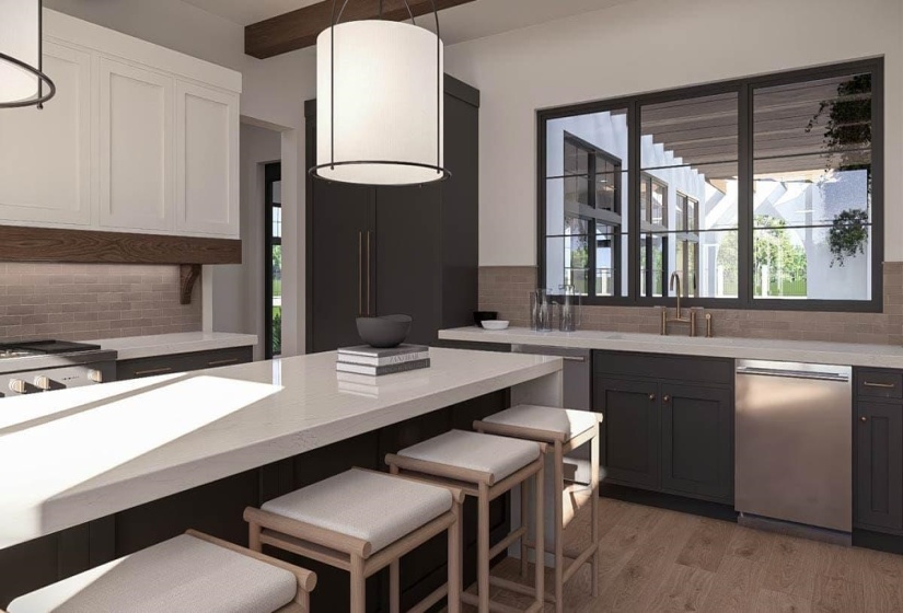 Modern kitchen featuring a large central island with a light-toned countertop, dark-toned cabinetry, stainless steel appliances, and wood-finish flooring