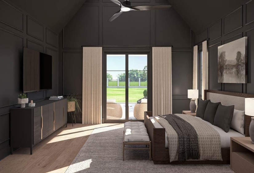Room with vaulted ceiling, dark paneling, wood-finish flooring, and glass doors opening to a green exterior