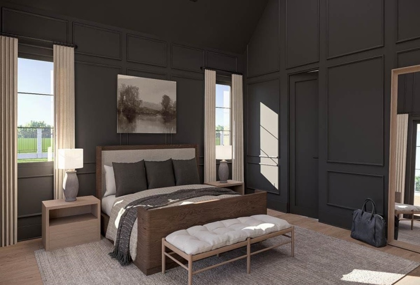 Vaulted ceiling bedroom featuring dark paneled walls, two prominent windows with light-toned drapery, a central door, and hardwood-finish flooring beneath a large area rug