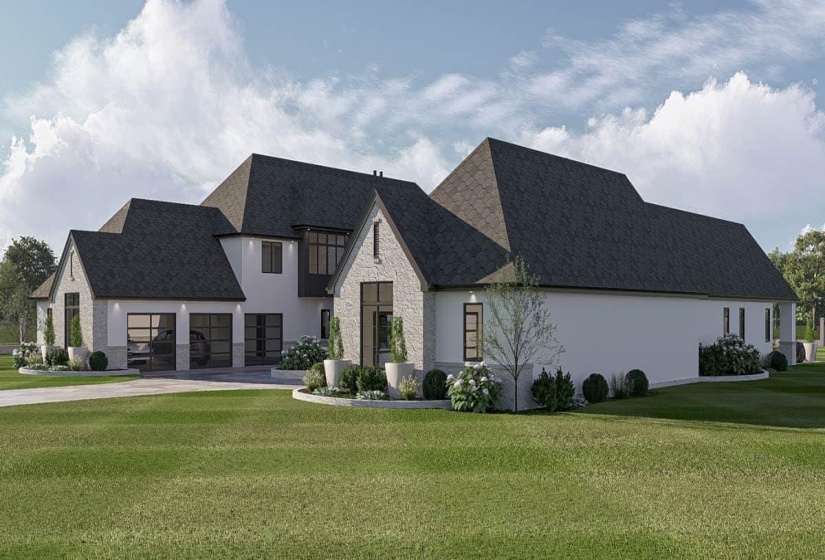Contemporary residence featuring a light-colored stucco exterior with stone accents and a dark-toned shingle roof