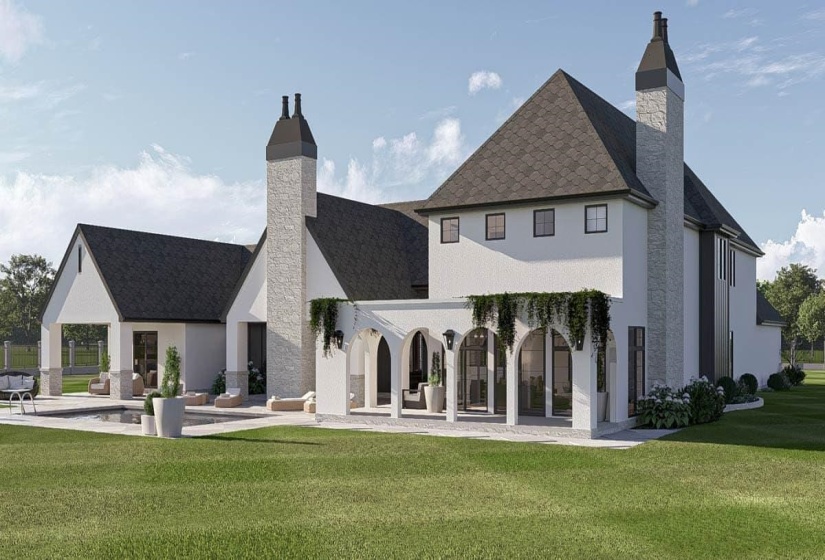 Contemporary exterior featuring a white stucco finish, dark shingle roofing, and prominent stone chimneys