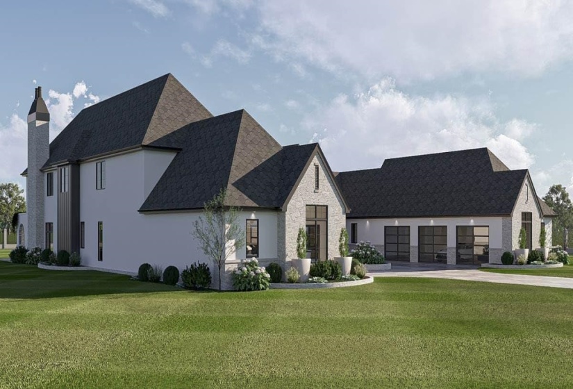 Contemporary architecture featuring a white stucco exterior, stone accents, dark asphalt shingle roofing, a prominent chimney, and a three-car garage with modern glass doors
