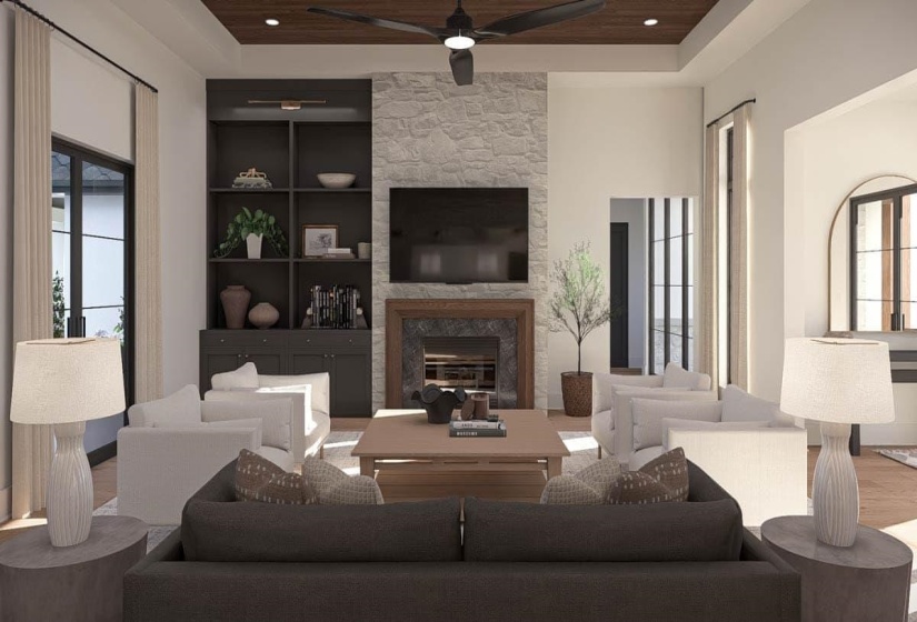 Spacious living area featuring a stone-clad fireplace, wood-finish mantel, and built-in shelving