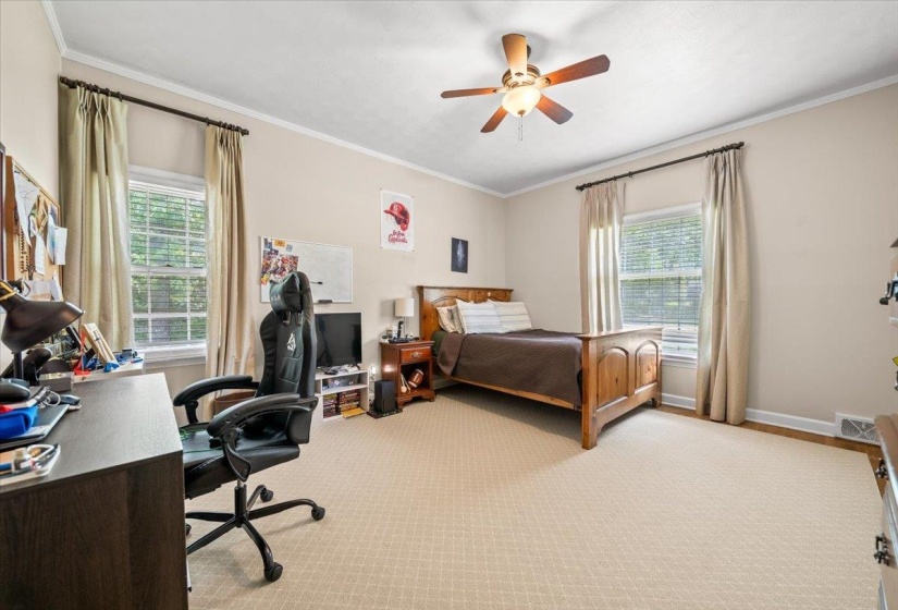 Spacious bedroom featuring two windows with blinds and drapery, a ceiling fan with integrated lighting, crown molding, and neutral-toned wall paint