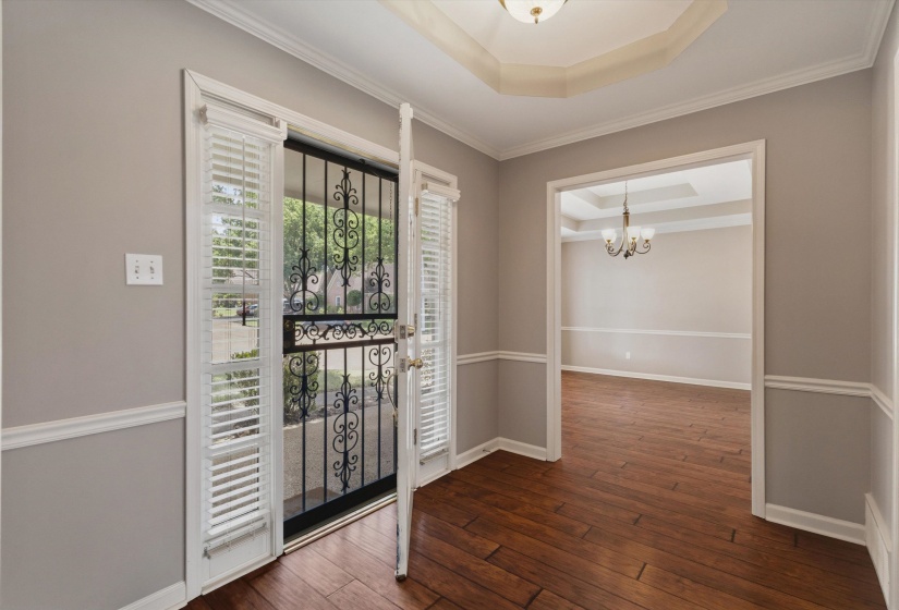 Entryway featuring wood-finish flooring, a decorative security door, and white plantation shutters