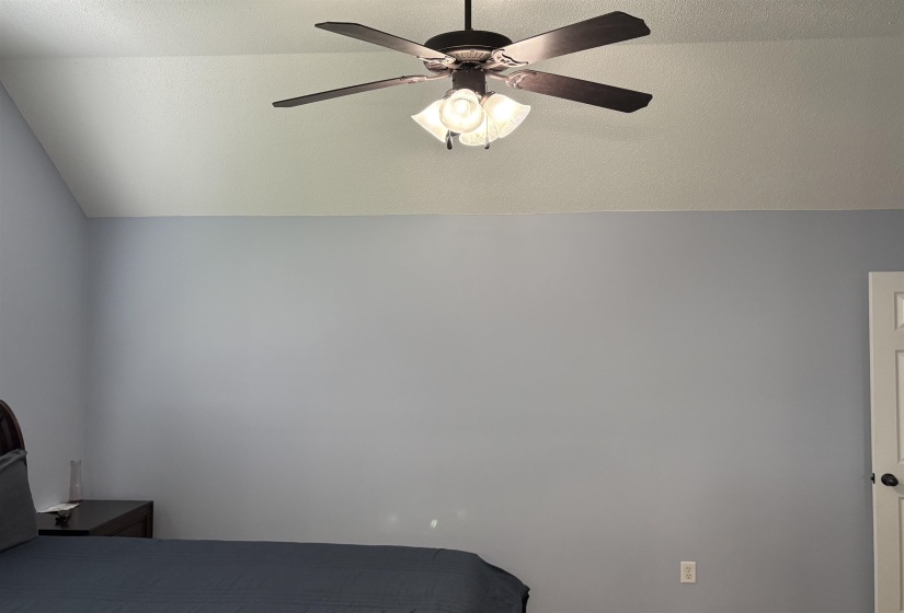 Vaulted ceiling with an installed ceiling fan and light fixture