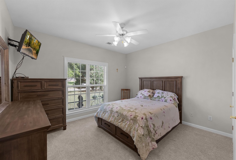 Carpeted room with a large window featuring blinds, a ceiling fan with light fixture, and a solid door with brass hardware
