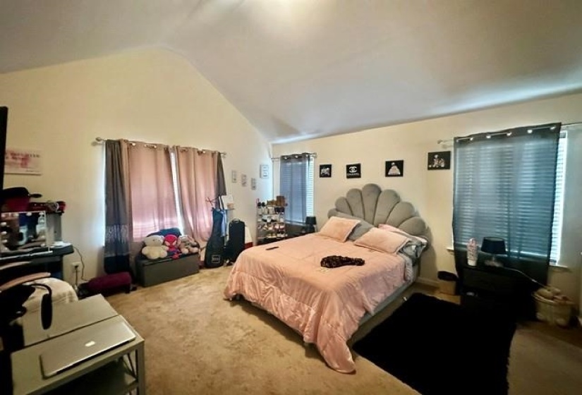 Bedroom featuring a vaulted ceiling, two windows with curtain rods, and carpet flooring