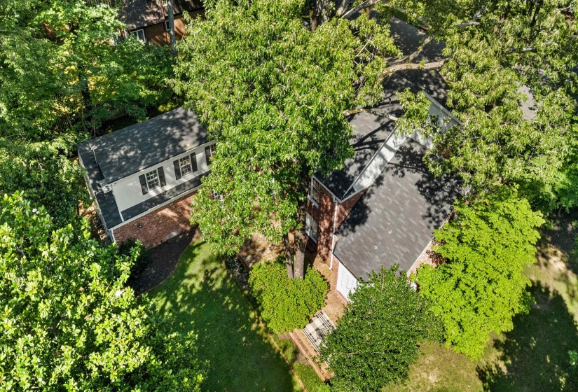 Aerial perspective showcasing a property surrounded by mature trees
