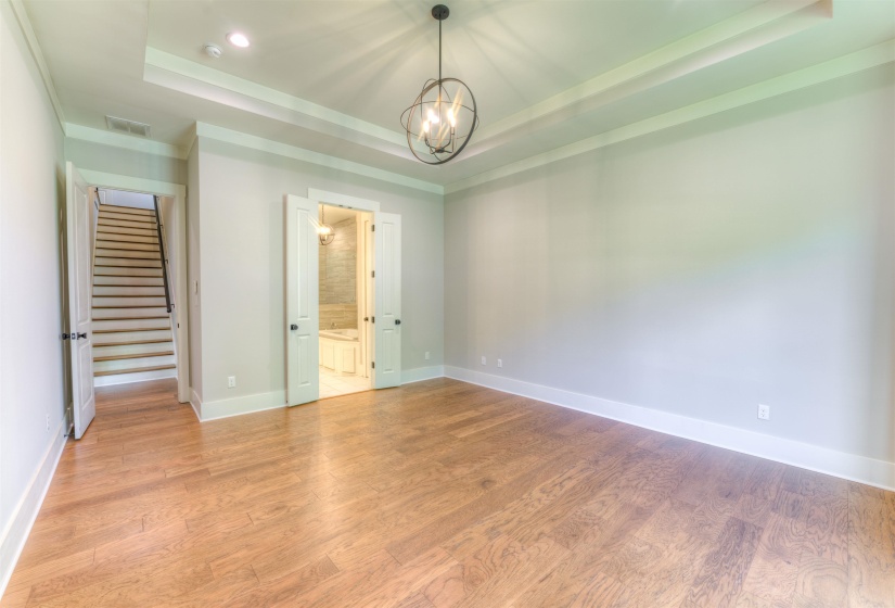 Spacious room with wood-finish flooring, tray ceiling, and a modern orb chandelier