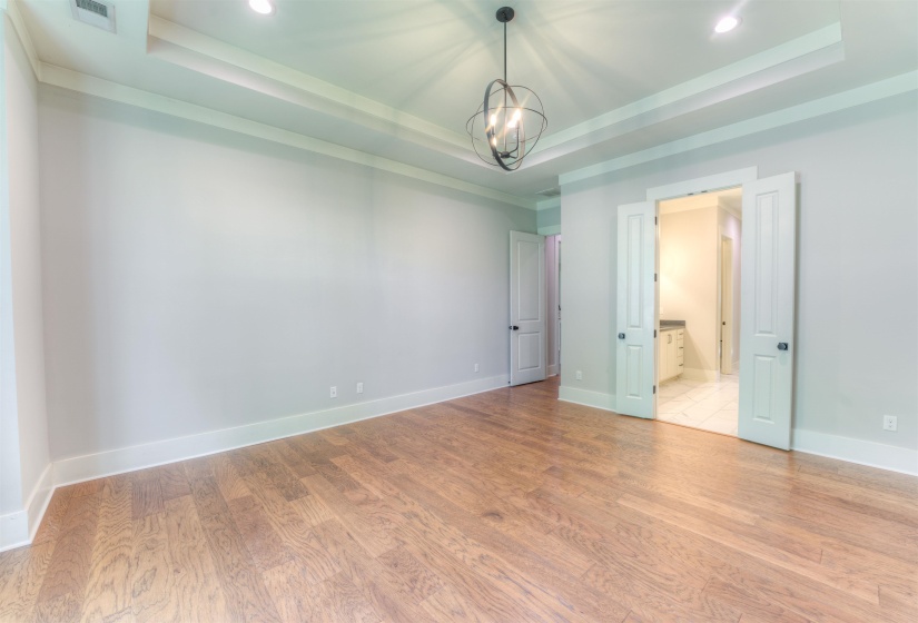 Spacious room with wood-finish flooring, tray ceiling, recessed lighting, and a contemporary spherical chandelier