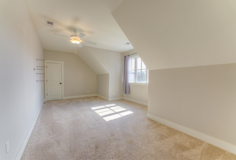 Carpeted room featuring a ceiling fan with light, a window with curtains, and a paneled door