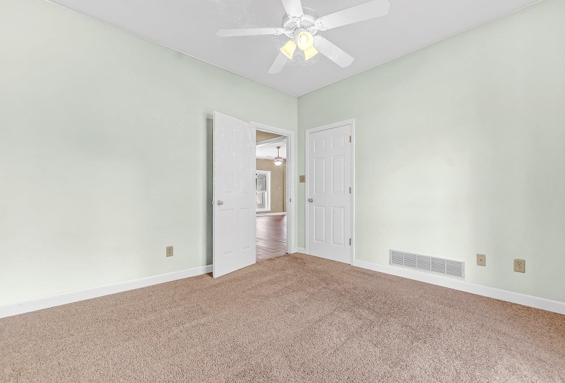 Room featuring light green wall paint, carpet flooring, and a ceiling fan with integrated lighting. Walk-in closet