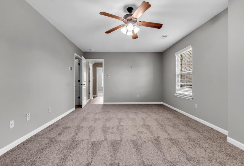 Spacious room featuring neutral grey walls and patterned carpet flooring. Walk-in Closet