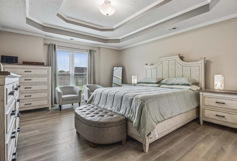 Spacious room featuring a tiered tray ceiling with crown molding, wood-finish flooring, and a large window with blinds